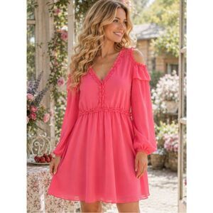 Nicole Miller Long Sleeve Ruffle Cold Shoulder Dress Coral Camellia Rose 12 NWT